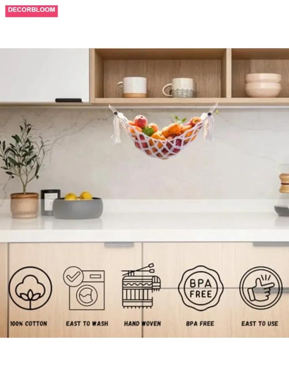 Macrame Fruit Hammock Under Cabinet with Hooks - Cotton Kitchen Storage Basket